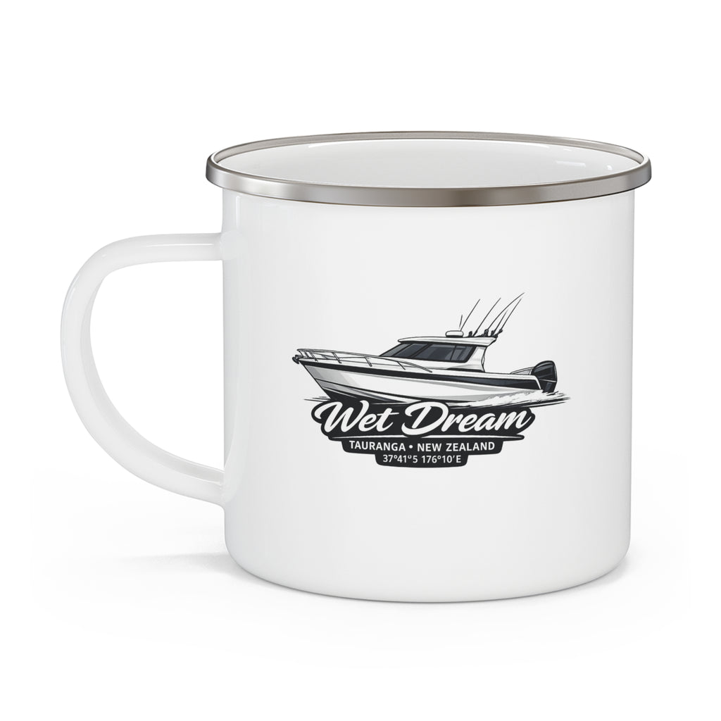 Custom Boat Artwork Enamel Mug — Your Boat on a Retro Camp Mug